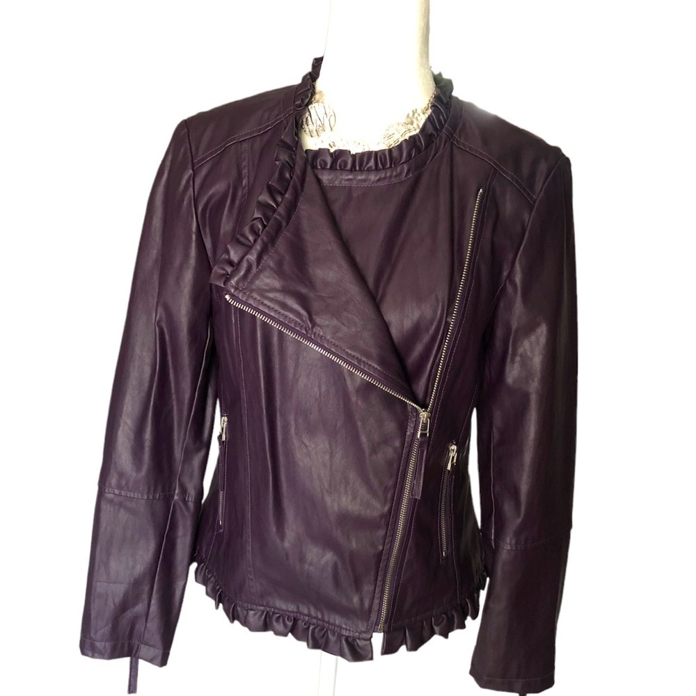 INC Purple Fitted Moto Jacket, Ruffle Trim, Faux Leather, Women’s Medium, NWOT